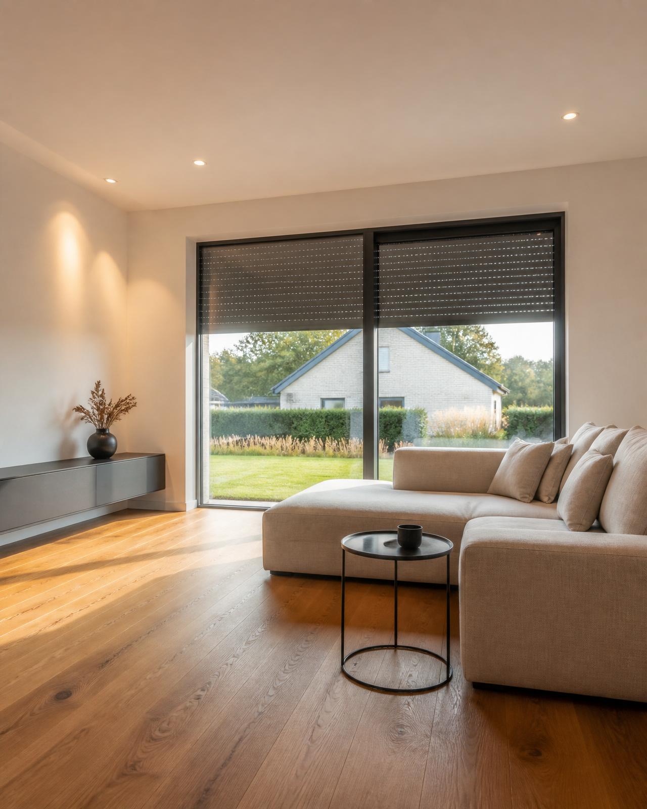 Modernes Wohnzimmer mit elektrischen Rollläden und LED-Spots von TMS Luciano Deriu in Baden-Württemberg